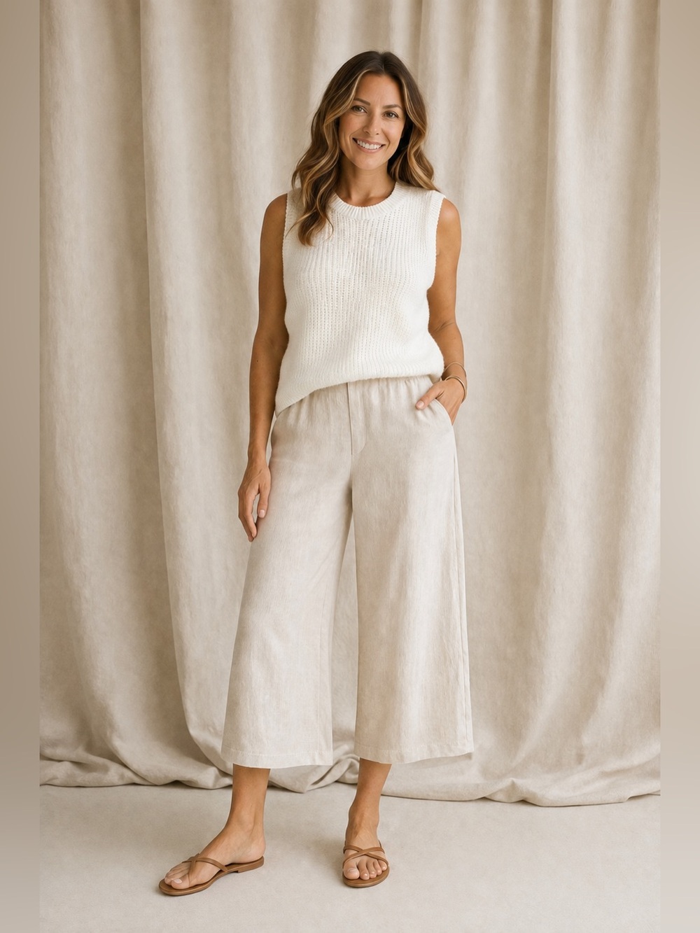 Tahari | Cropped Wide Leg Linen Pants Coastal Minimalist Neutral Oatmeal, Size M